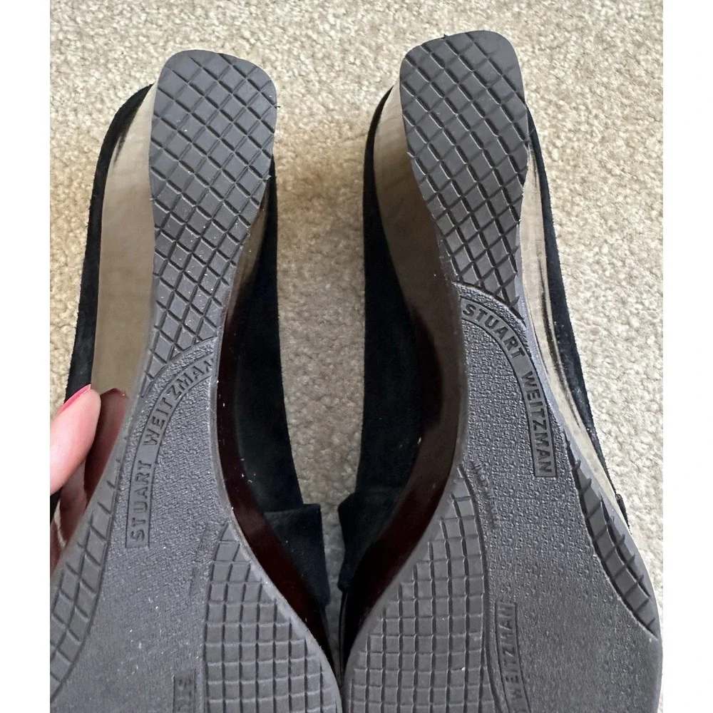 Stuart Weitzman Black Suede Brown‎ Wood Wedge Shoes Size 8 1/2 Silver Studs Read - Picture 10 of 13